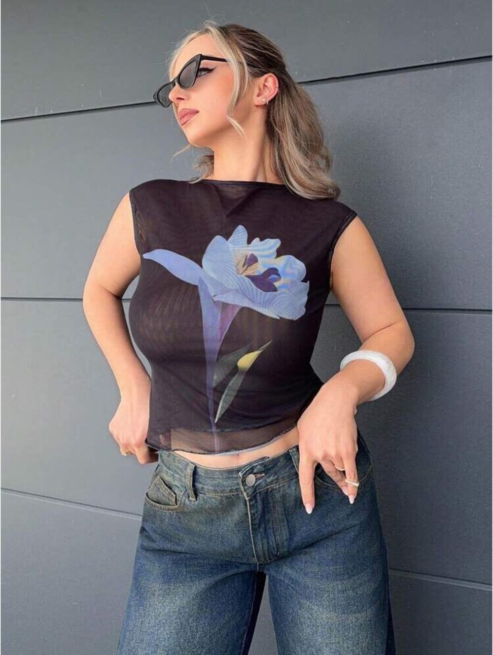 Shein Floral Front Mesh Summer Casual T-Shirt Rave Festival Concert
